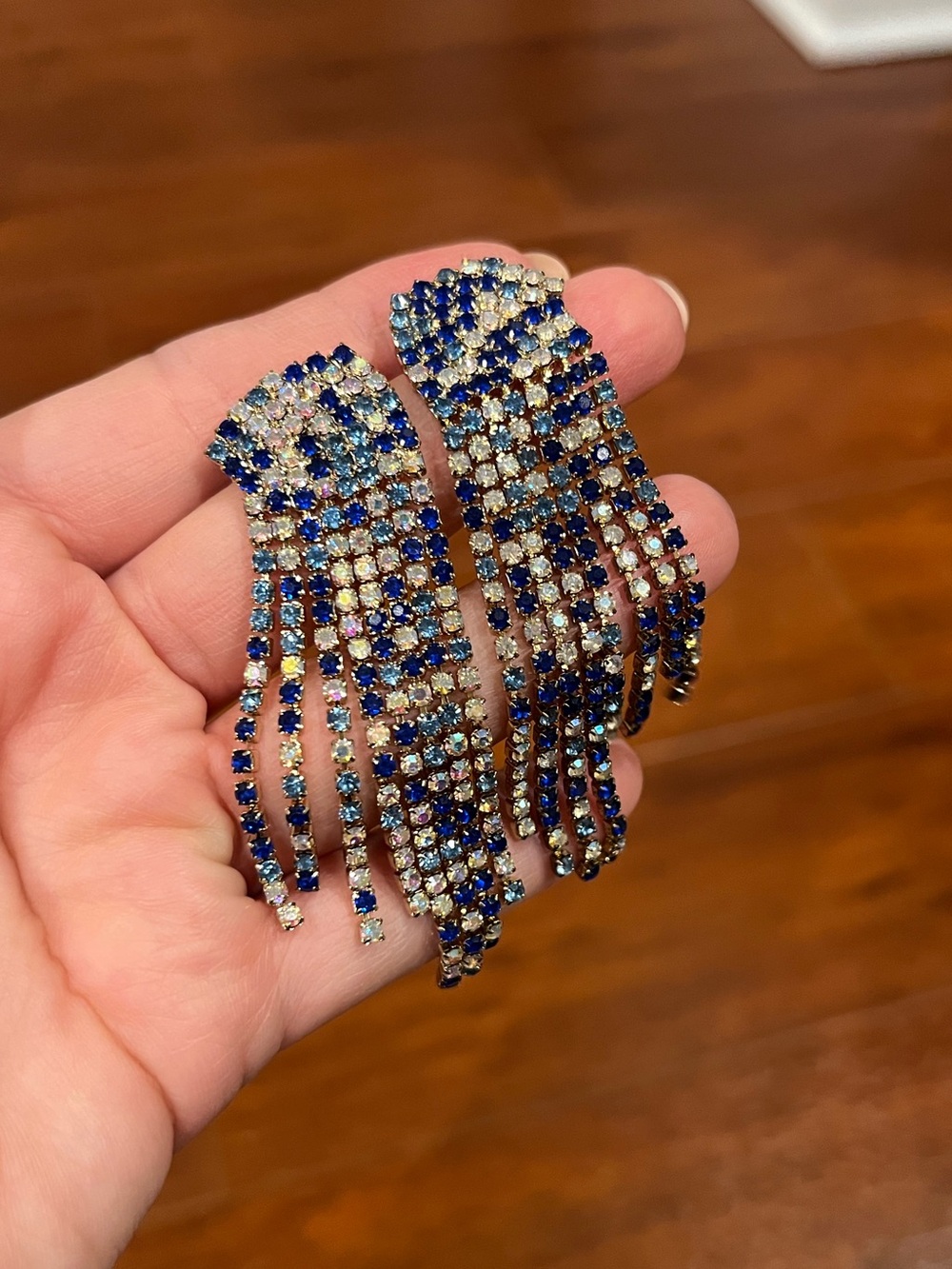 Cascading Blue and Silver Rhinestone Fringe Earrings